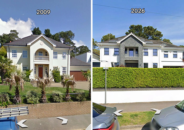 Before and after pics of houses: a two-story home with a tan stucco exterior in 2009 vs. a modern grey and white home in 2026.