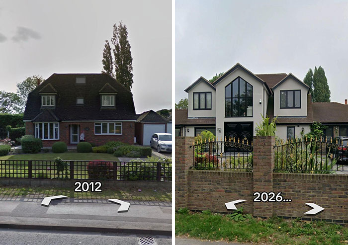 A then and now image showing a traditional house in 2012 next to a significantly renovated, larger, modern house in 2026.
