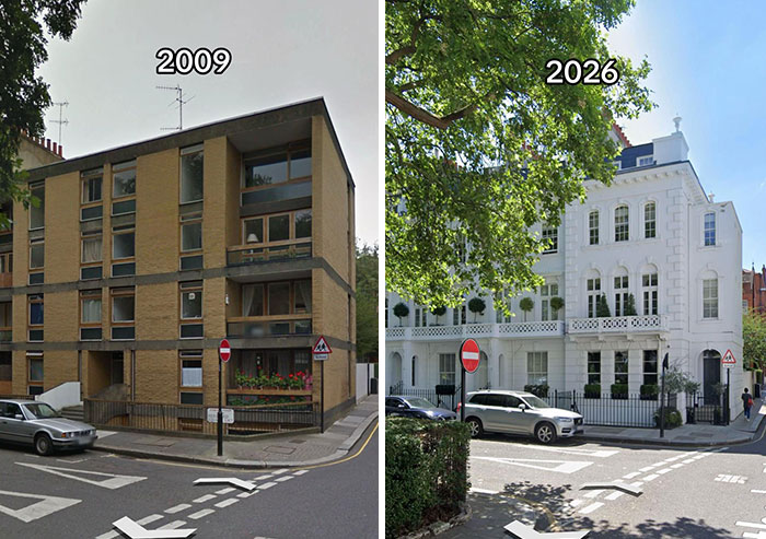 A split image showing an apartment building in 2009 and the same location in 2026 with an ornate, white multi-story house.
