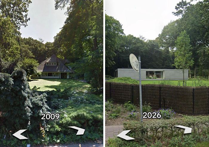 A comparison of a wooded property with a rustic house in 2009 and the same property in 2026 featuring a sleek, modern house.