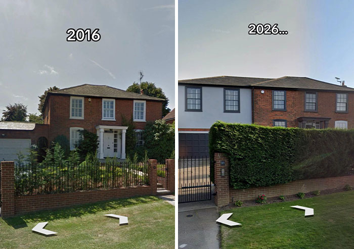 A then and now comparison of a traditional brick house in 2016 vs. a renovated house in 2026 with a modern grey exterior.