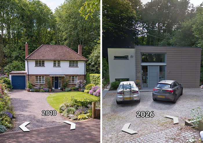 A split image showing a house in 2010 with a traditional facade and the same property in 2026, transformed into a modern house.