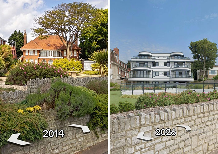 Then vs. Now photo of houses. A historic house from 2014 replaced by a multi-story building in 2026.