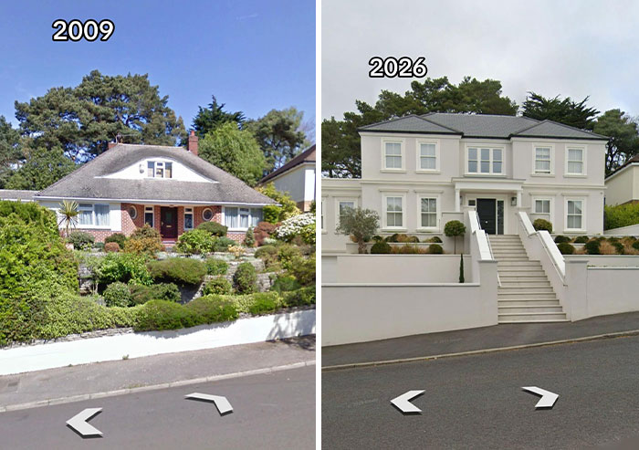 Then vs. Now photo of houses. A charming bungalow from 2009 replaced by a large, elegant house in 2026.
