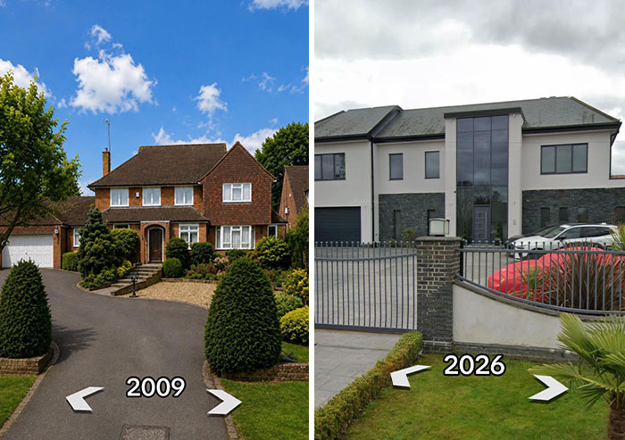 Then vs. Now photo of houses. A classic brick house in 2009 compared to a sleek, modern house in 2026.