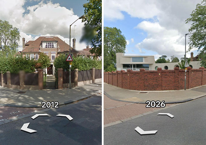 Then vs. Now photo of houses. An older house from 2012 next to a minimalist house from 2026.