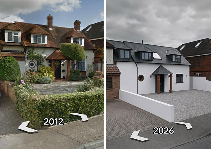 A side-by-side view of houses then vs now, displaying a house from 2012 and its 2026 transformation.