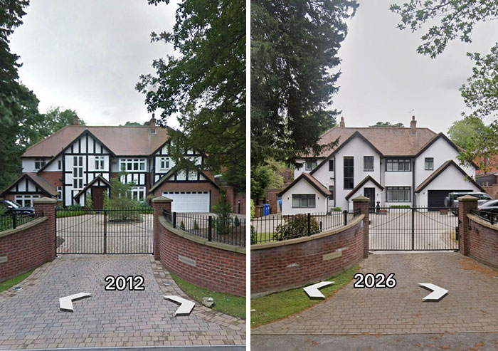 Then vs. Now photo of houses. A traditional house in 2012 contrasted with a modern house in 2026.