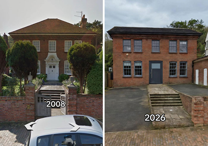 Houses then vs now, showing a house in 2008 with classic features and its updated look in 2026.