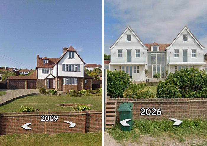 A then and now image of houses, with a house in 2009 and its significantly changed look in 2026.