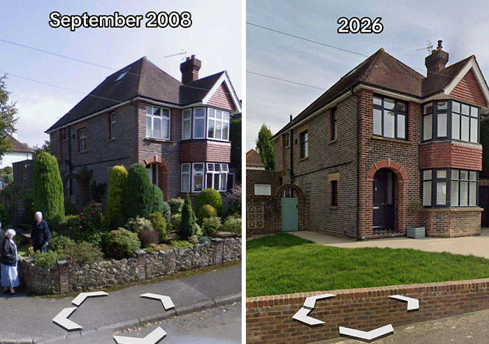 A split image of houses then vs now, contrasting a house in 2008 with its 2026 appearance.