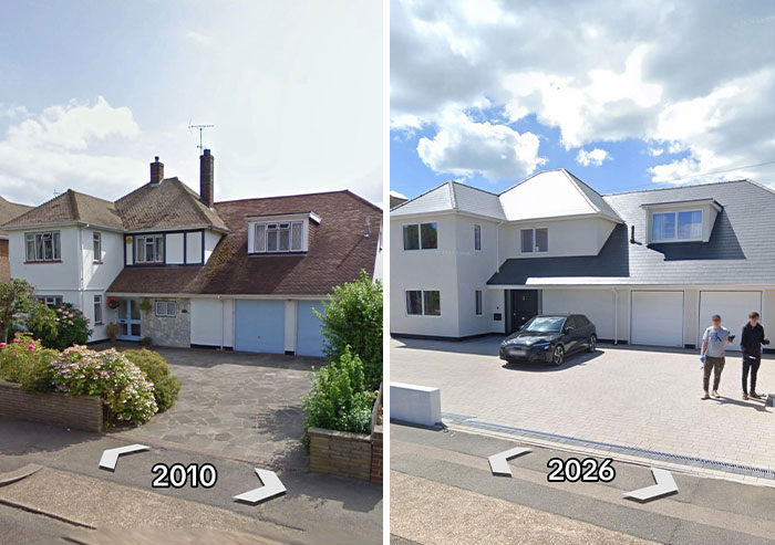A then and now comparison of houses showing a house in 2010 and its modern renovated look in 2026.