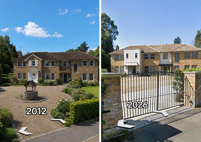 Then vs. now pic showing a large traditional house with a well replaced by a modern house with a gate, making the internet seriously mad.