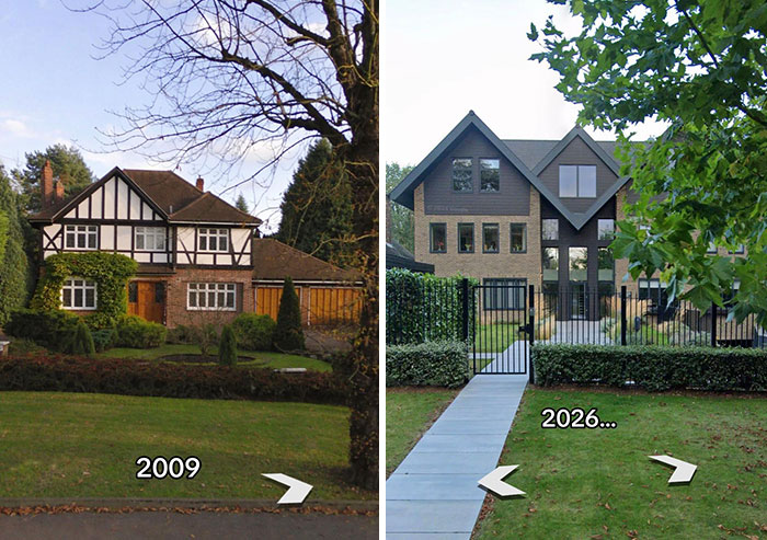 Then vs. now pic showing a Tudor-style house replaced by a contemporary, larger house, making the internet seriously mad.