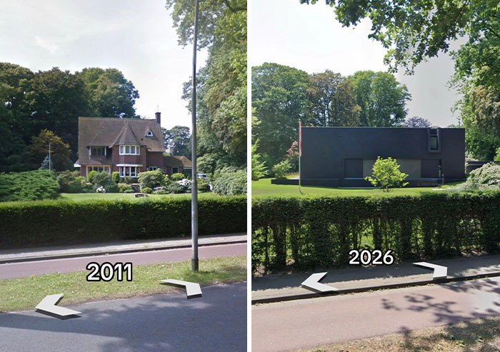 Then vs. now pic showing a traditional house replaced by a minimalist, dark-colored house, making the internet seriously mad.