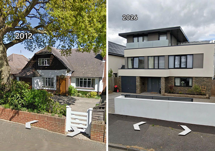 Then vs. now pic showing a traditional house replaced by a modern, multi-story structure, making the internet seriously mad.