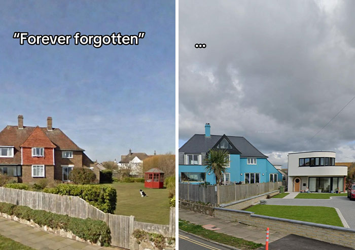 Then vs. now pic showing traditional houses replaced by modern, colorful houses, making the internet seriously mad.