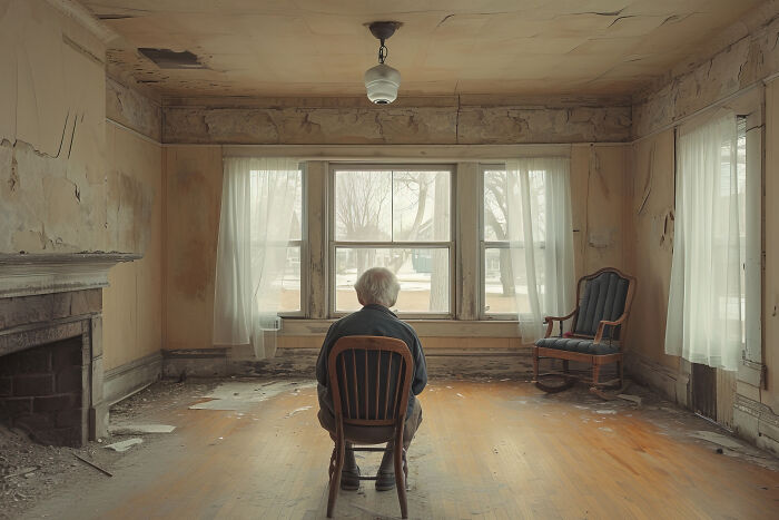 An older person sitting alone in a desolate room, thinking about how every family has its own version of normal.