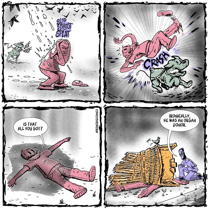 A necromancer and assistant comic, illustrating the assistant fighting a dog, humorously ending with the assistant as an organ donor.