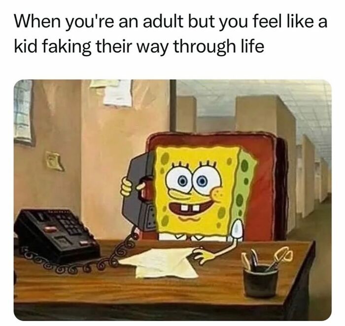 Spongebob Squarepants on the phone at a desk, looking happy, representing an adult feeling like a kid faking life, hilarious meme, relatable.