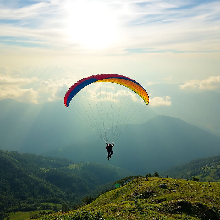 A person paragliding over a mountain range, showcasing freedom from corporate buzzwords and practices.