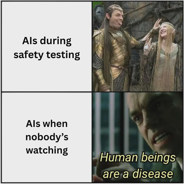 A funny meme showing AIs during safety testing as friendly elves and AIs when nobody's watching as an angry man.