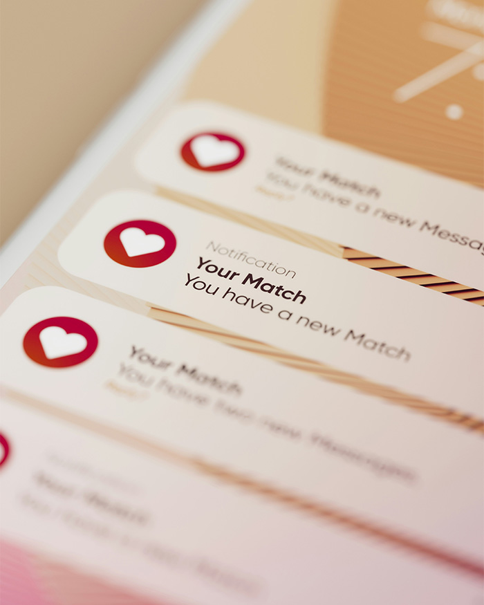 An image of a phone screen with dating app notifications, specifically showing Your Match messages, indicating wedding photos going viral.