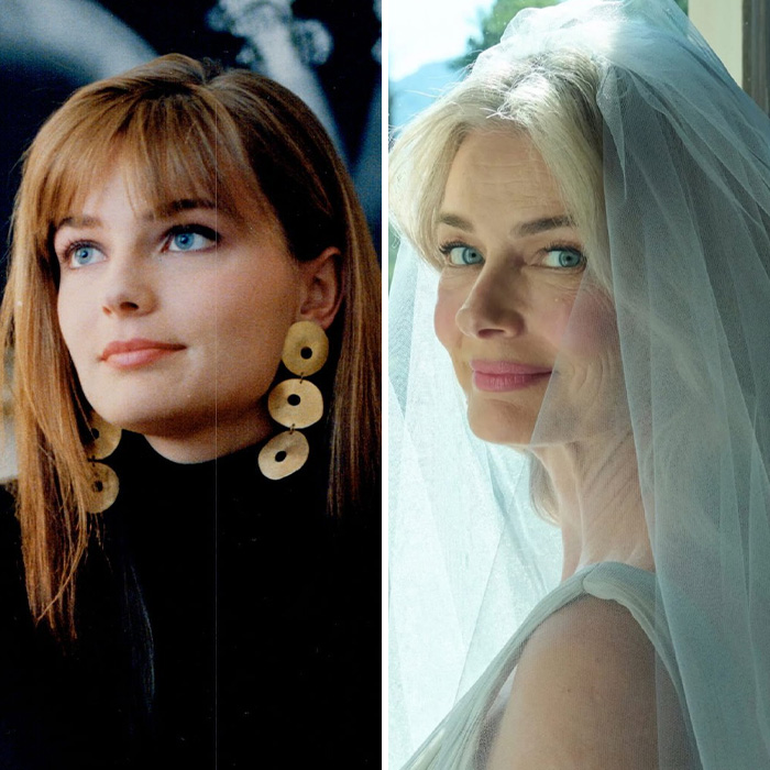 A split image of a model as a young woman on the left, and a model in a wedding veil on the right, showing how she aged.