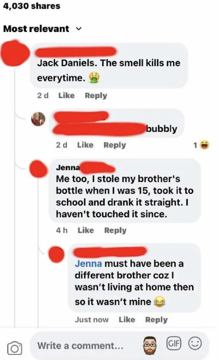 A screenshot showing someone busted for lying about drinking Jack Daniels, with contradicting comments.
