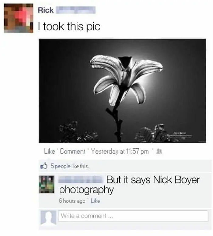 A screenshot where someone is busted for lying about taking a photo that is watermarked with another name.