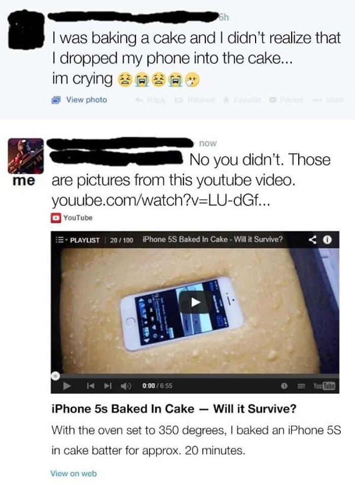 A screenshot of a lie about baking a phone in a cake, exposed as a YouTube video, among embarrassing screenshots.