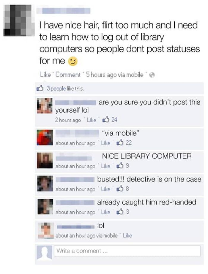 A screenshot shows someone caught lying about posting on Facebook from a library computer in embarrassing screenshots.