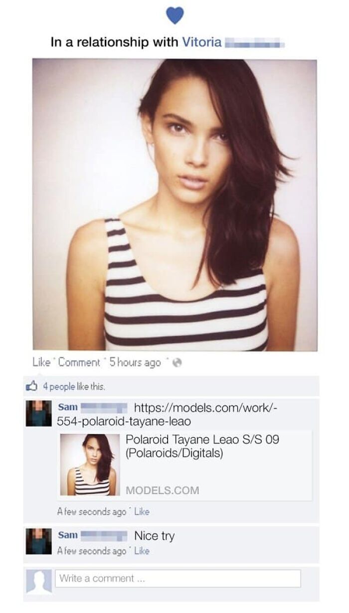 A woman posts a photo of herself in a relationship, but is busted for lying when a friend links to her model page.