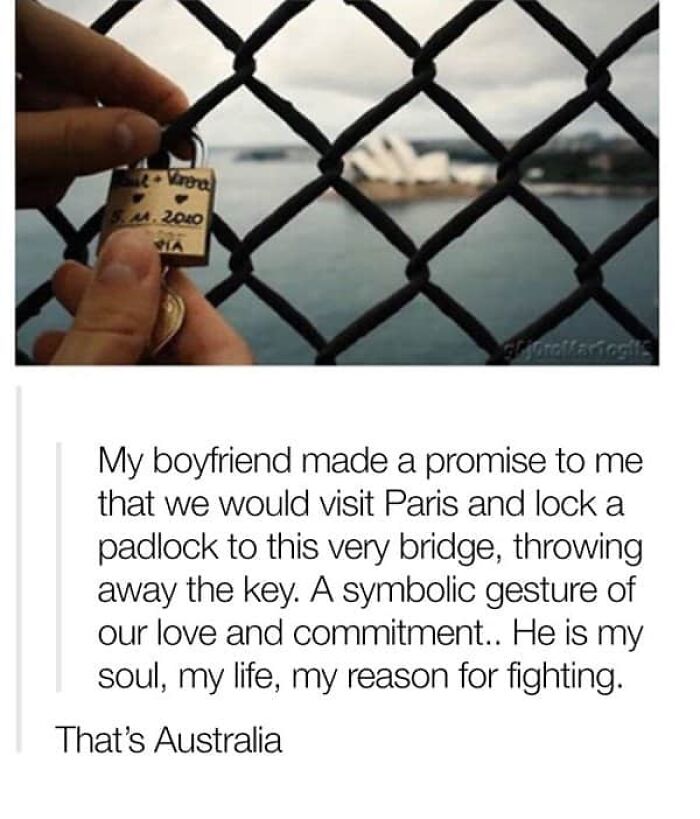 Hands holding a padlock on a fence, with a user claiming it's Paris, but is busted for lying as it's Australia.