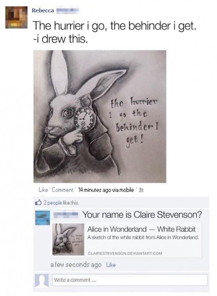 A drawing of a white rabbit with text. A comment below busts the user for lying about drawing it.