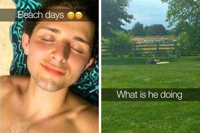 A split image of someone claiming to be at the beach, but is busted for lying by being in a backyard.
