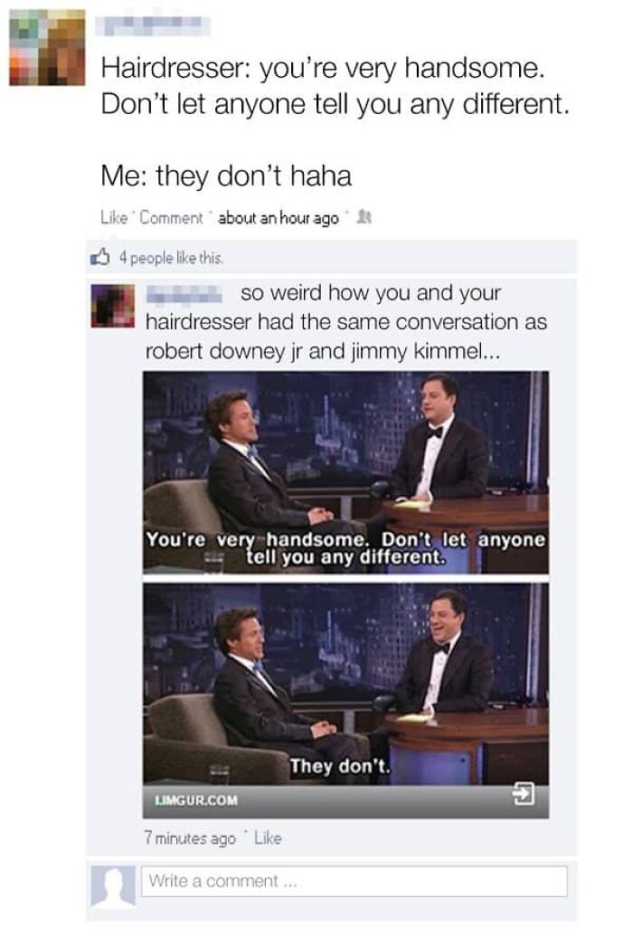 A Facebook post busted for lying, showing a user copying a famous Robert Downey Jr. and Jimmy Kimmel conversation.