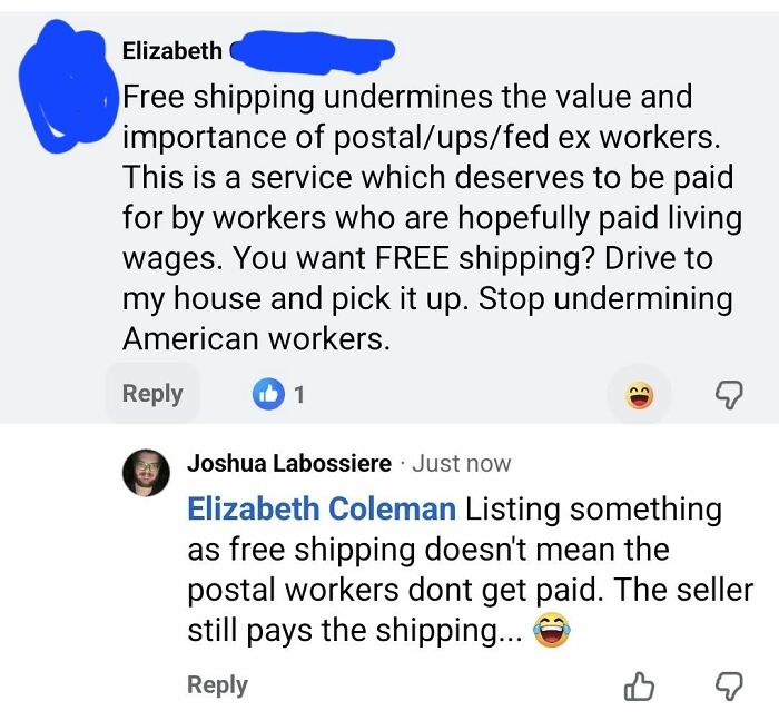 A screenshot of a person correcting someone online about free shipping logistics.