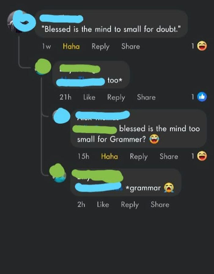 A social media thread showing multiple people correcting someone online about grammar, specifically the spelling of 'Grammer' to 'grammar'.