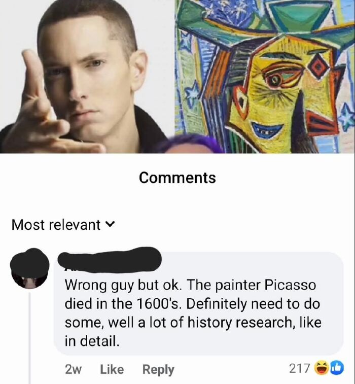 A social media post featuring a picture of Eminem and a Picasso-esque painting, with a comment correcting someone online about Picasso's d***h date.