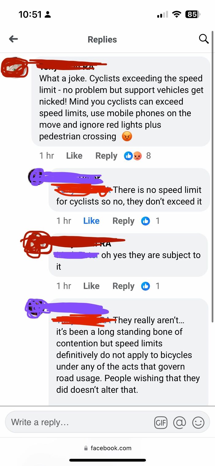 A social media post showing an online discussion about cyclists exceeding speed limits and the laws applying to them, with people correcting someone online.