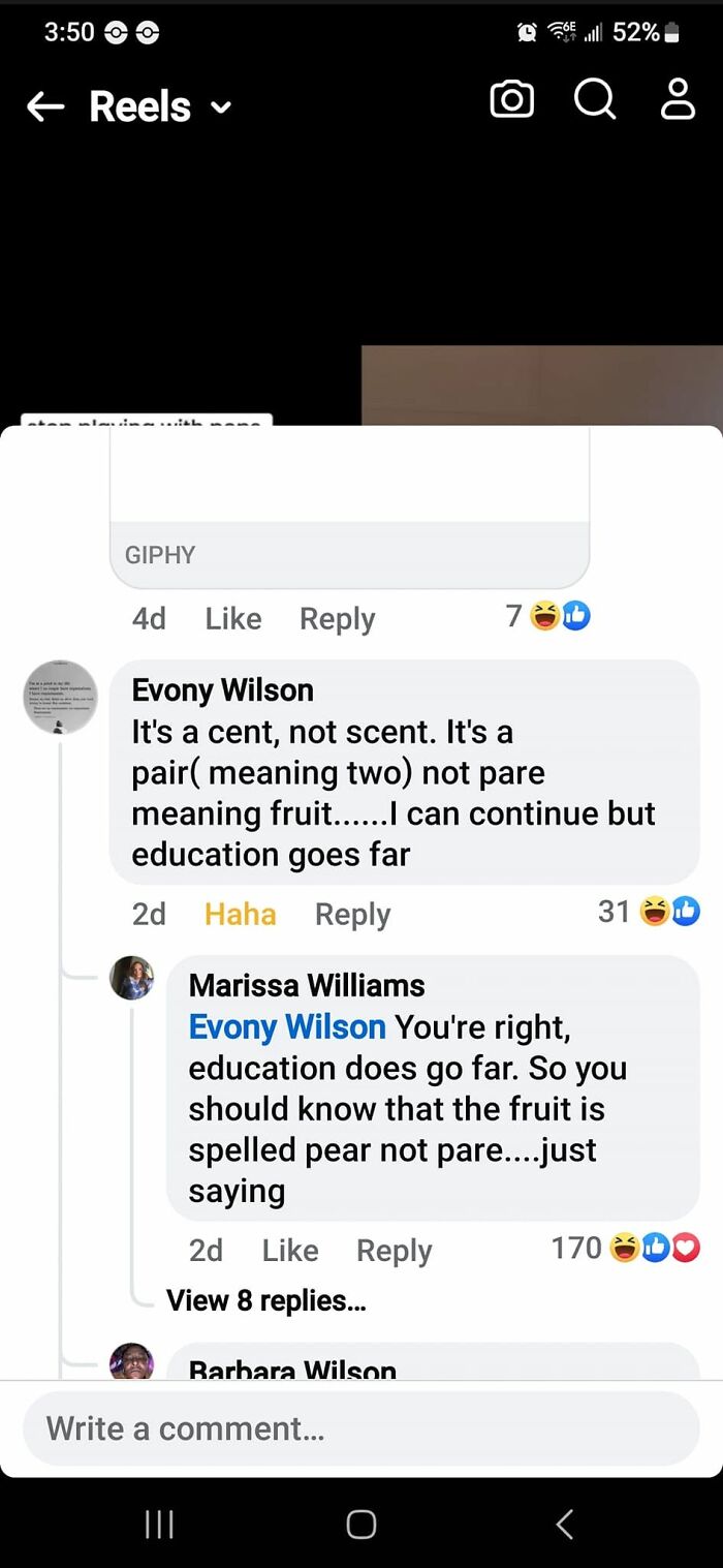 A social media post with a comment section showing a person correcting someone online about the spelling of 'pear' versus 'pare.'