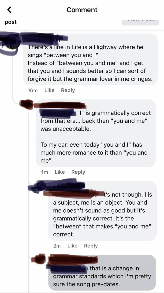 A social media thread where people are correcting someone online about the proper use of 'you and I' vs. 'you and me' in grammar.
