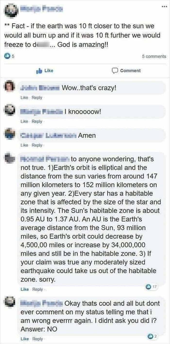 A Facebook post showing someone being corrected online with a detailed explanation about Earth's orbit and habitable zones.