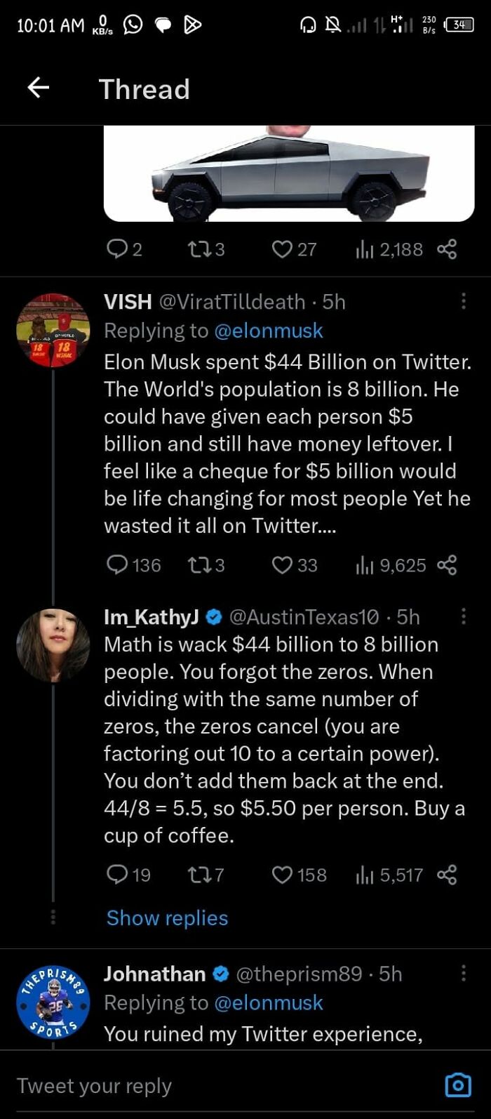 A Twitter thread showing users correcting someone online about Elon Musk's purchase of Twitter and basic math errors.