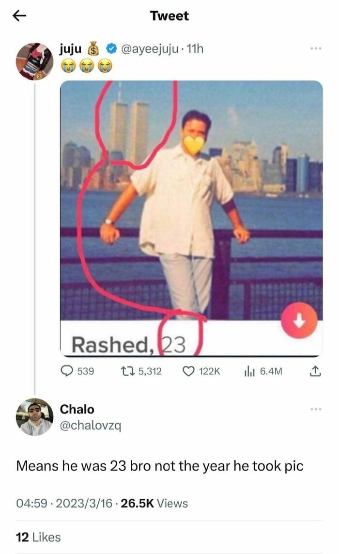A Twitter post showing someone being corrected online about the meaning of a number in a picture caption.