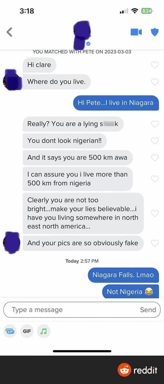 A screenshot of a text conversation where someone is corrected online for mistaking 'Niagara' for 'Nigeria.'