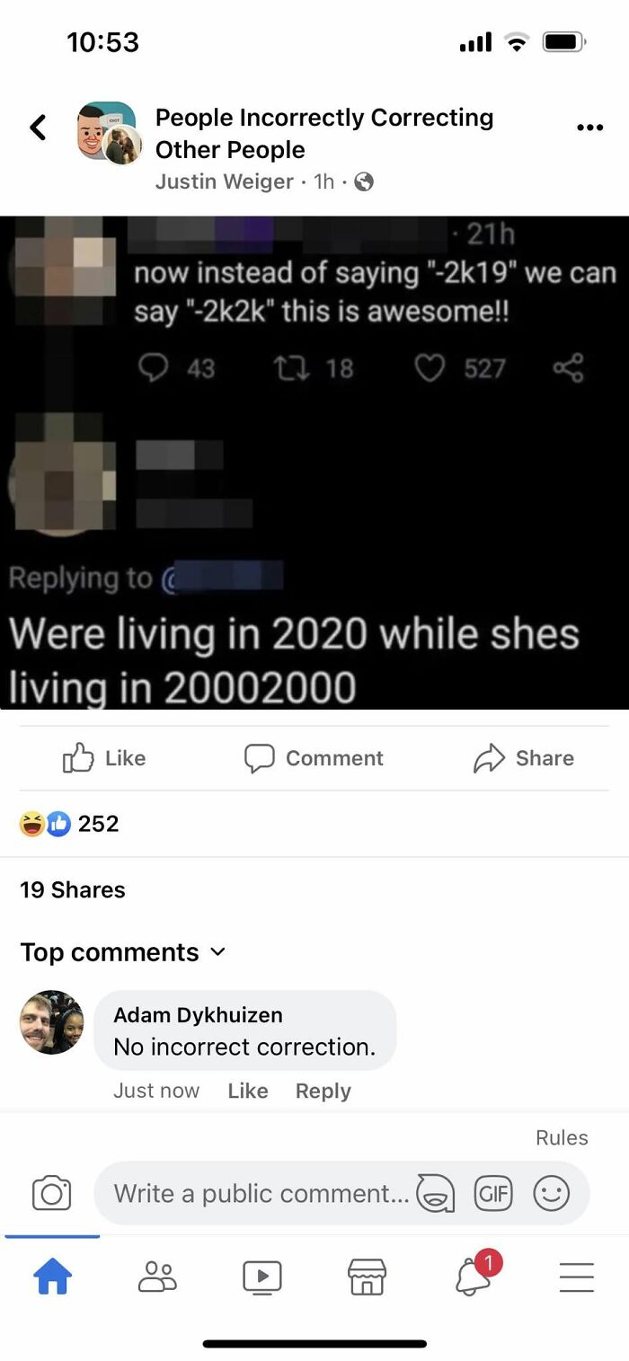 A screenshot of a social media post where people are correcting someone online about the year 2020.
