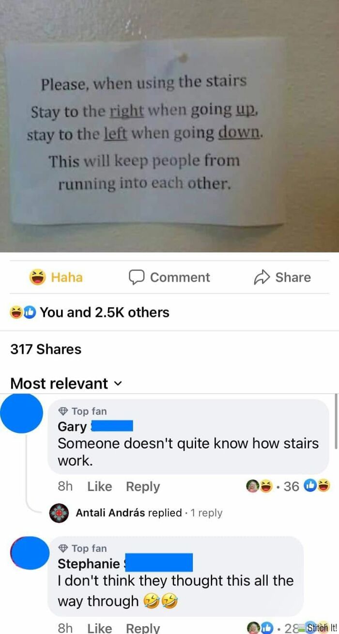 A sign on a wall asking people to stay right going up stairs and left going down, with comments correcting someone online about how stairs work.
