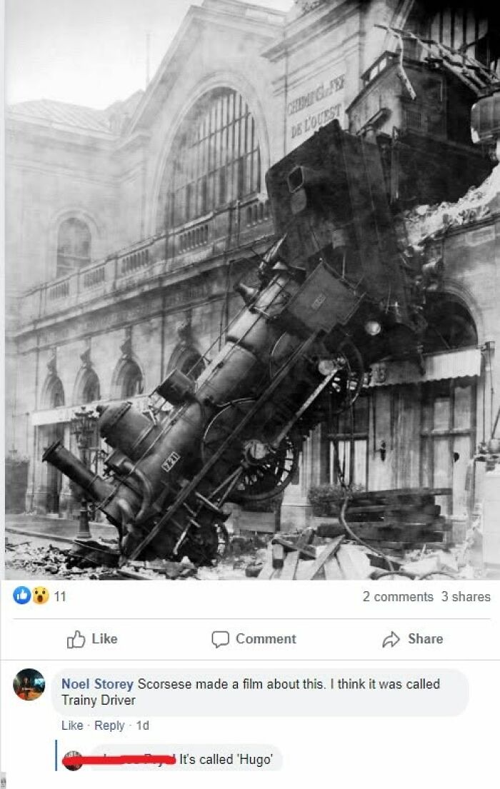 Satisfying correction online: a user incorrectly identifies a film about a train crash as Trainy Driver, corrected to Hugo.